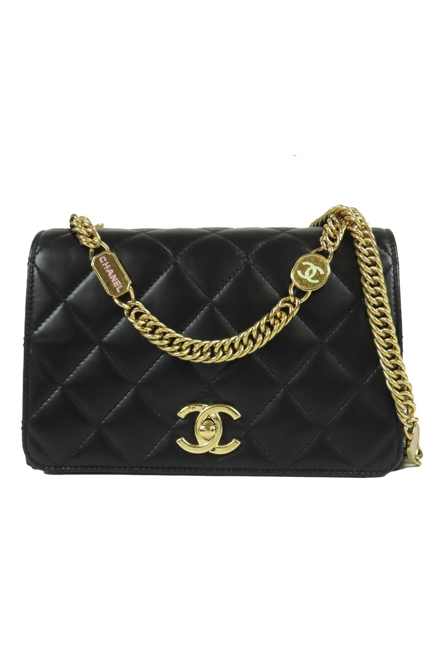 Chanel Full Flap Black Gold Lambskin Quilted Stitch 2-Way Logo Chain Shoulder